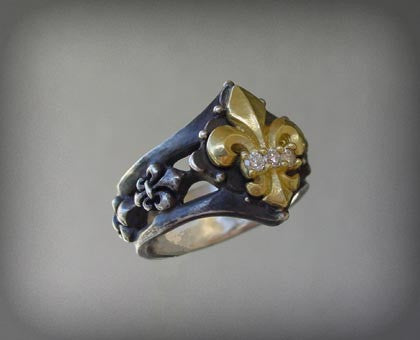 Gold Fleur De Lis Diamond Antiqued Silver Ring