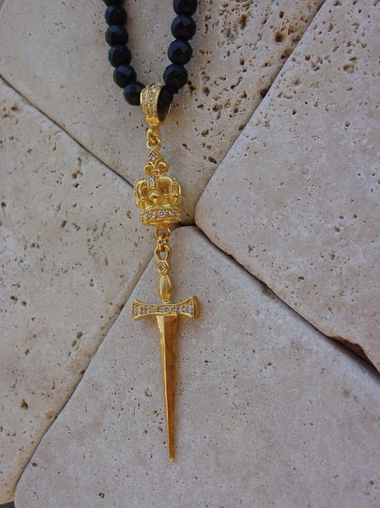 Gold Sword & Crown Diamond Onyx Necklace