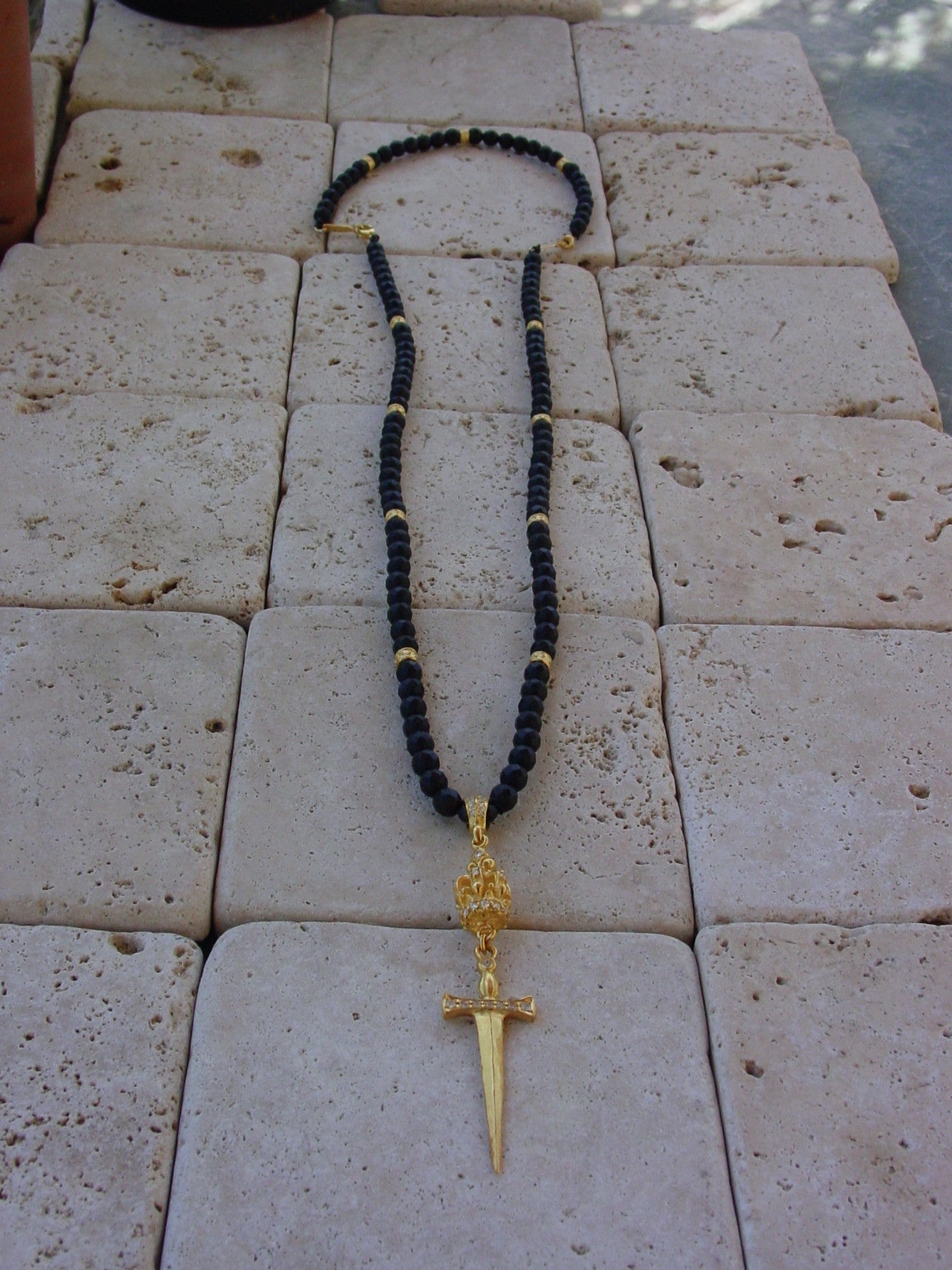 Gold Sword & Diamond Crown Onyx Necklace