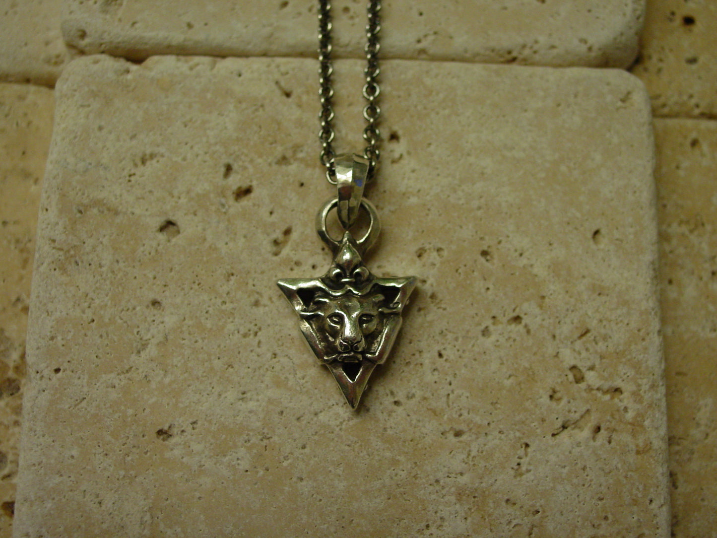 Sterling Silver Lion In Victory Triangle with Fleur De Lis Necklace