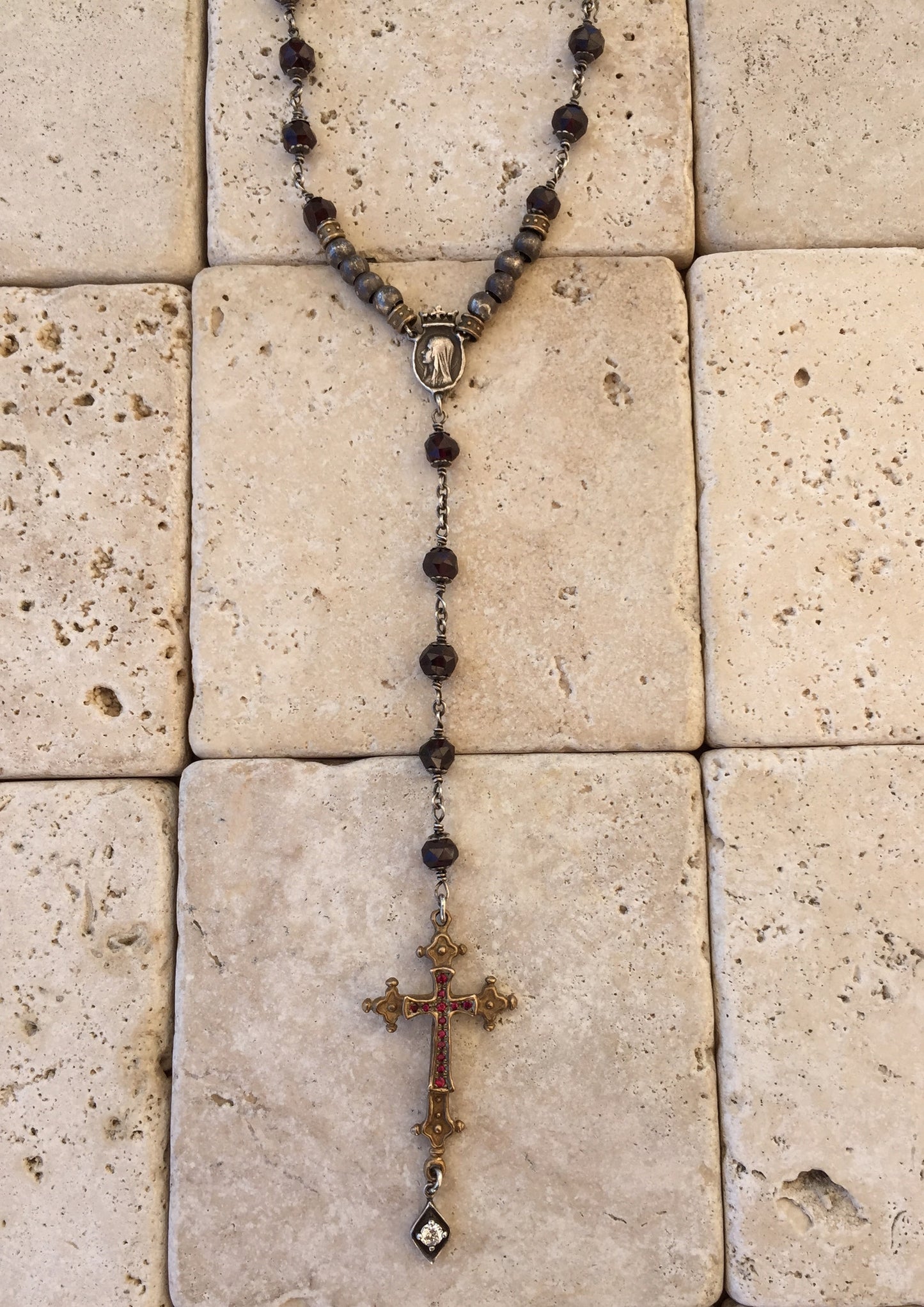Rosary Necklace Bronze Ruby Cross & Garnets