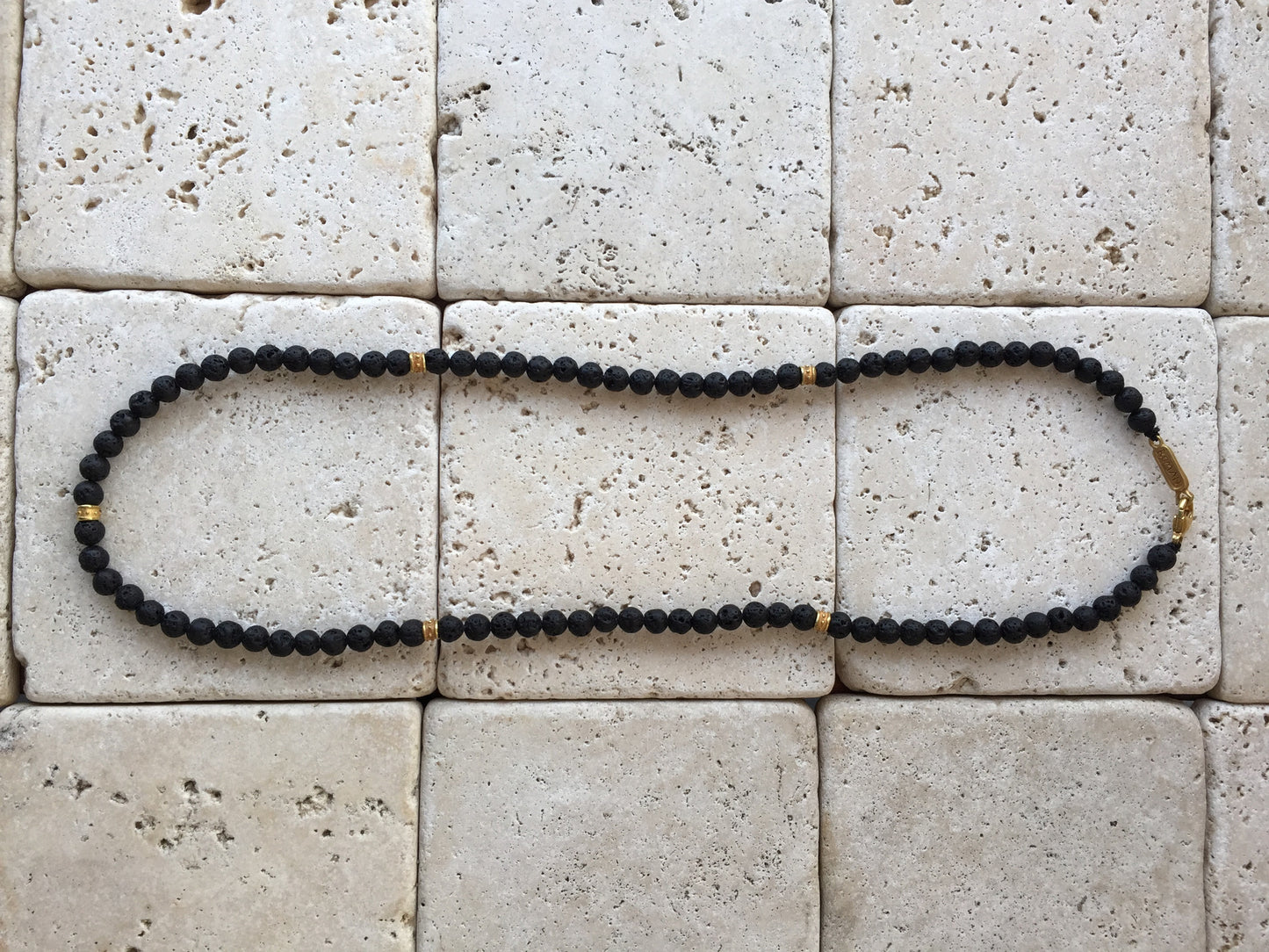 Necklace - Black Lava Beads Bronze Roundels