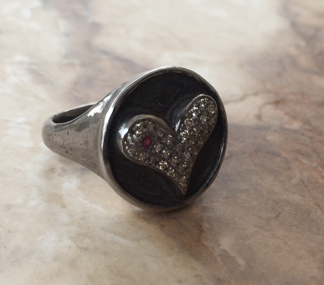 Ring - Silver Diamond Heart with Ruby Beauty Mark