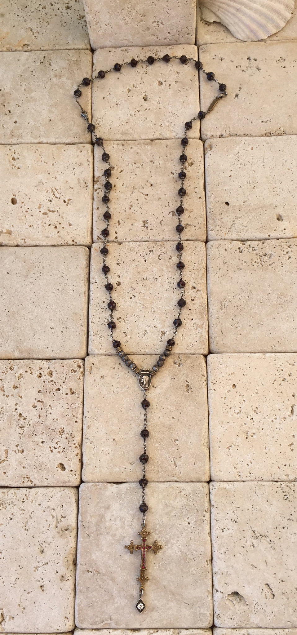 Rosary Necklace Bronze/Silver Ruby Cross