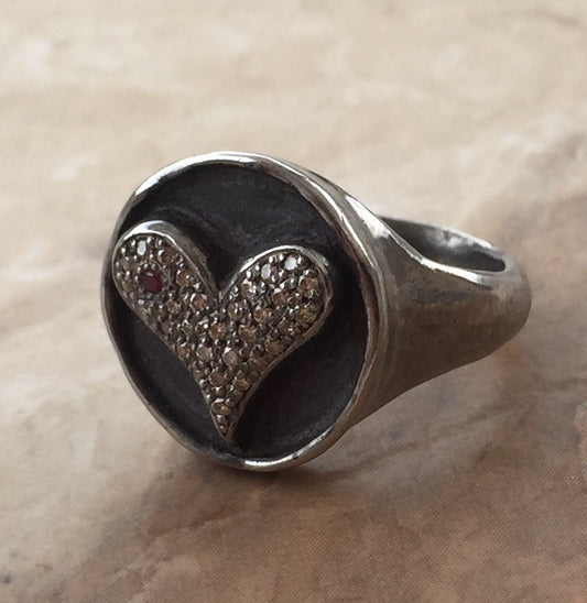 Ring - Silver Diamond Heart with Ruby Beauty Mark