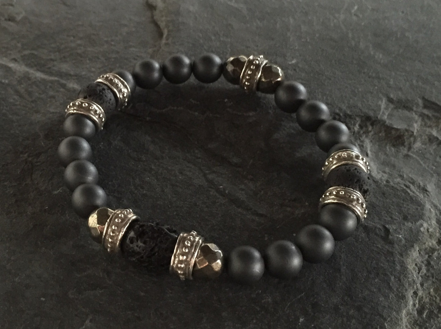 Bracelet - Silver Roundel & Hematite w Lava Beads