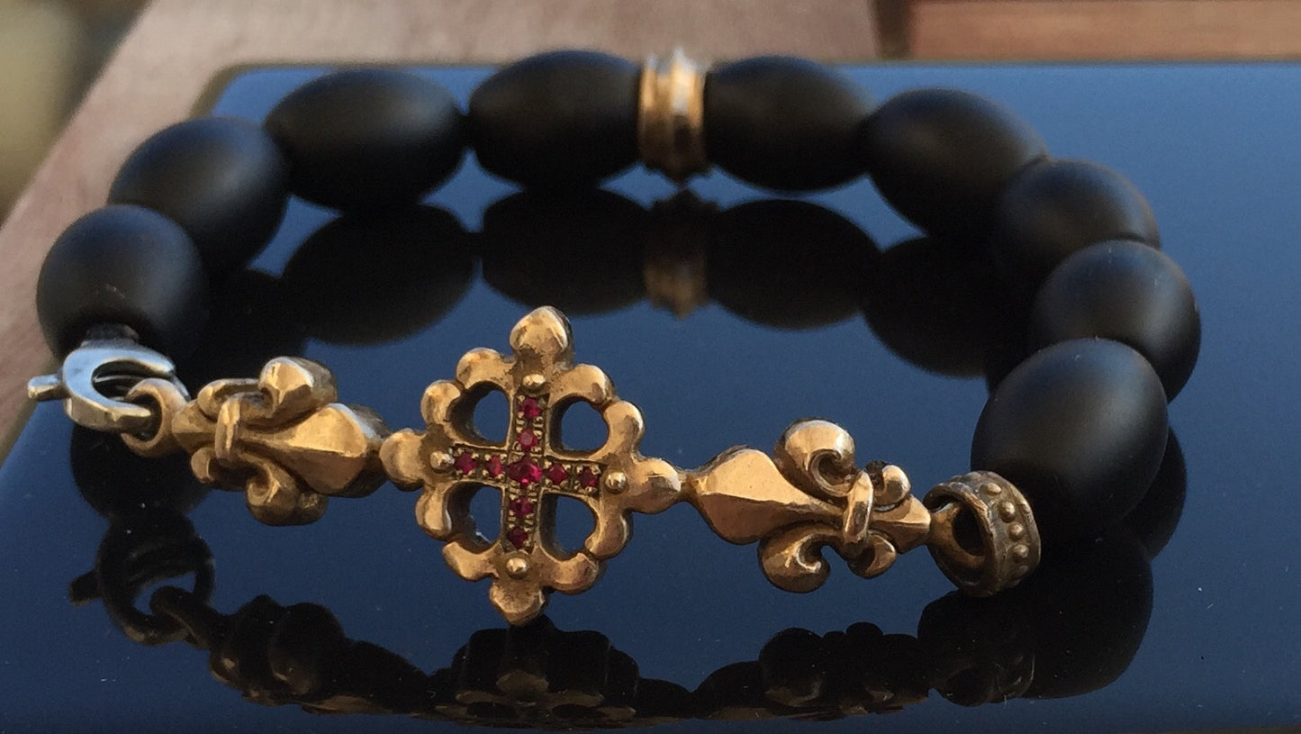 Bracelet - Bronze Fleur De Lis Cross with Rubies