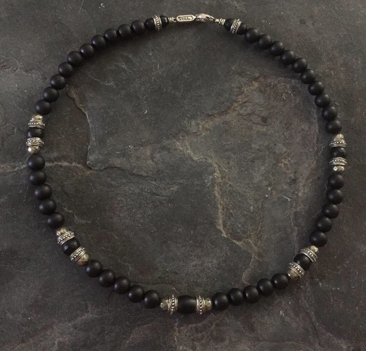 Necklace - Silver Roundel, Ebony, Onyx, Pyrite by Roman Paul