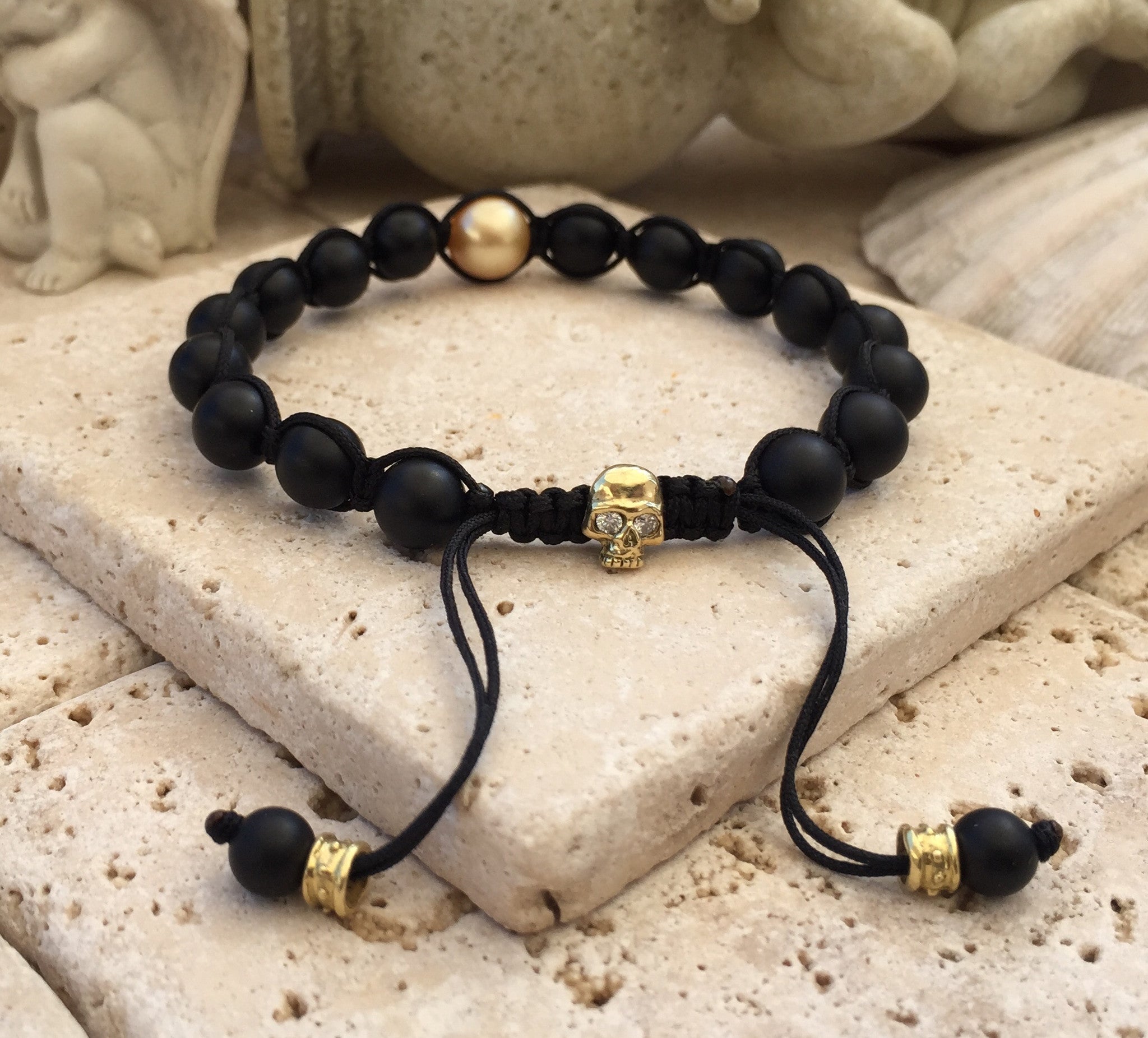 Gold Skull buy Bracelet Mens Cool Lava Stone Jewelry Black Diamond Eyes