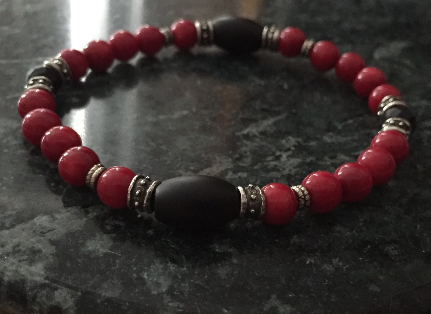 Bracelet - Red Coral & Onyx with Silver Roundels