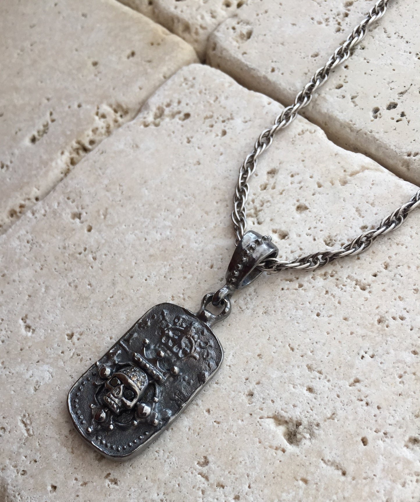 Sterling Silver Skull & Crown DogTag with Diamonds