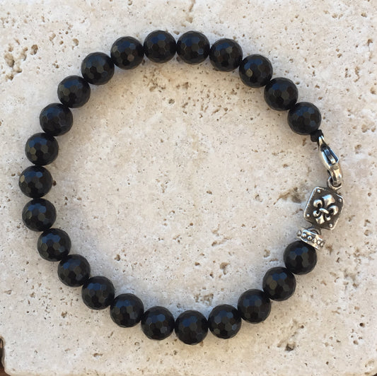 Sterling Silver Fleur de lis Faceted Onyx Beads Silver Roundel with clasp 