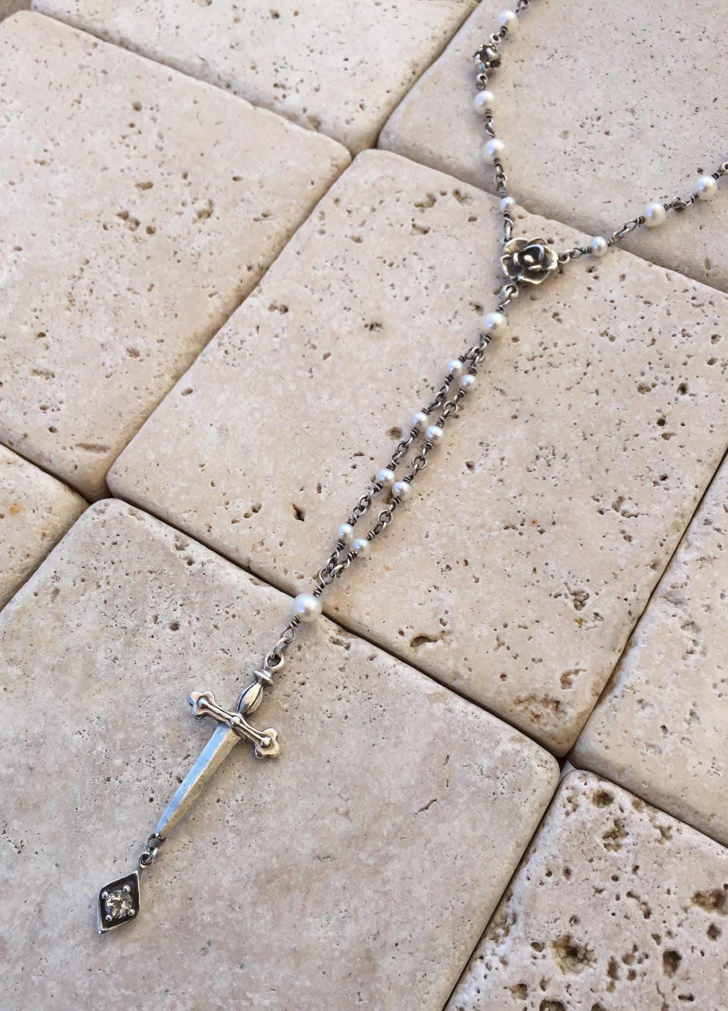 Silver Sword and Rose Necklace