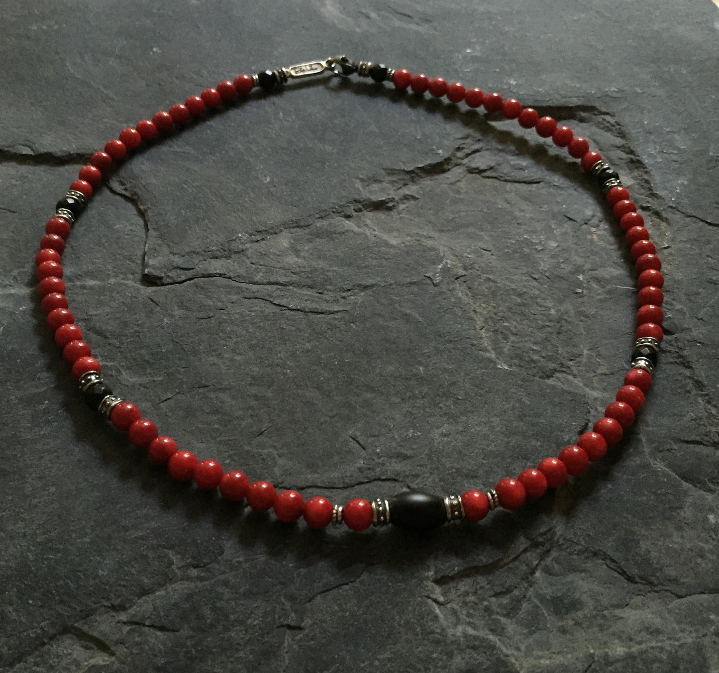 Necklace - Red Coral & Onyx With Silver Roundels by Roman Paul