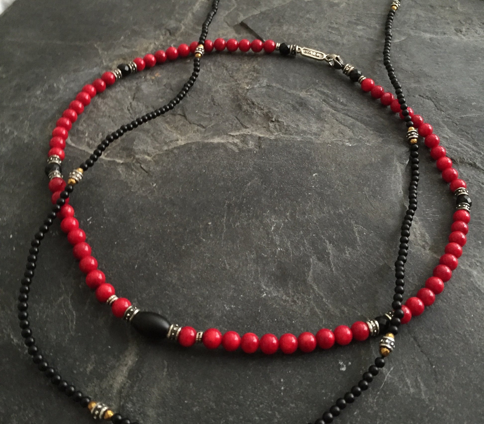 Necklace - Coral & Onyx With Silver Roundels