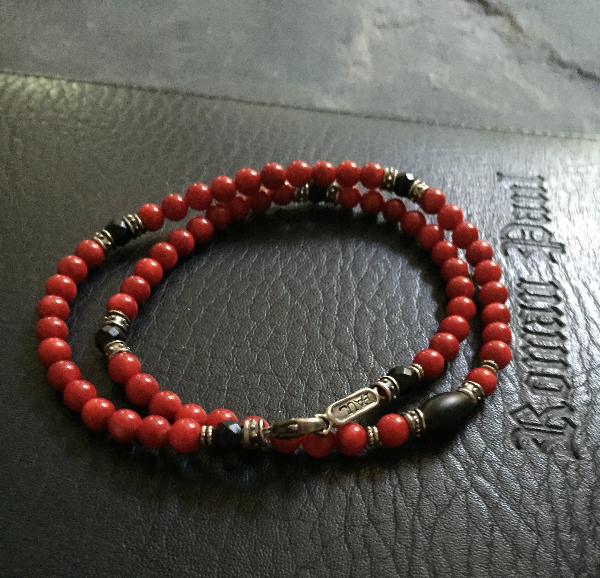 Necklace - Red Coral & Onyx & Silver Roundels