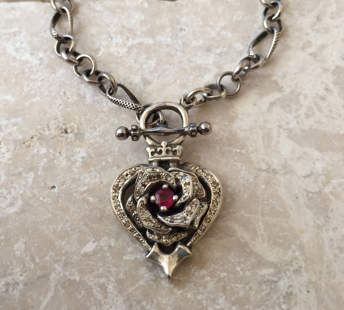 Necklace - Diamonds and Ruby Rose Heart by Roman Paul