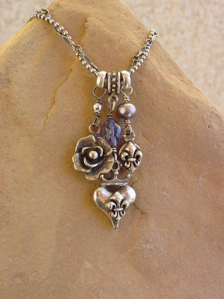 Sterling Silver Tripple Charm Necklace, Iolite & Black Pearl
