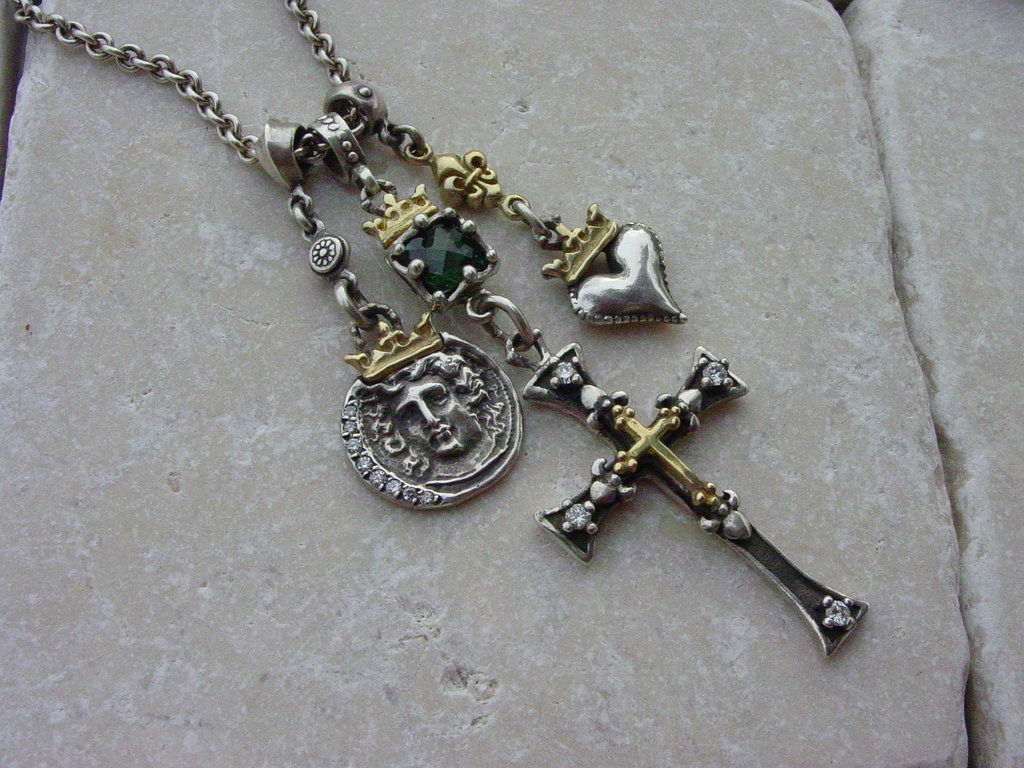 Necklace - Cross Green Turmaline and Diamonds