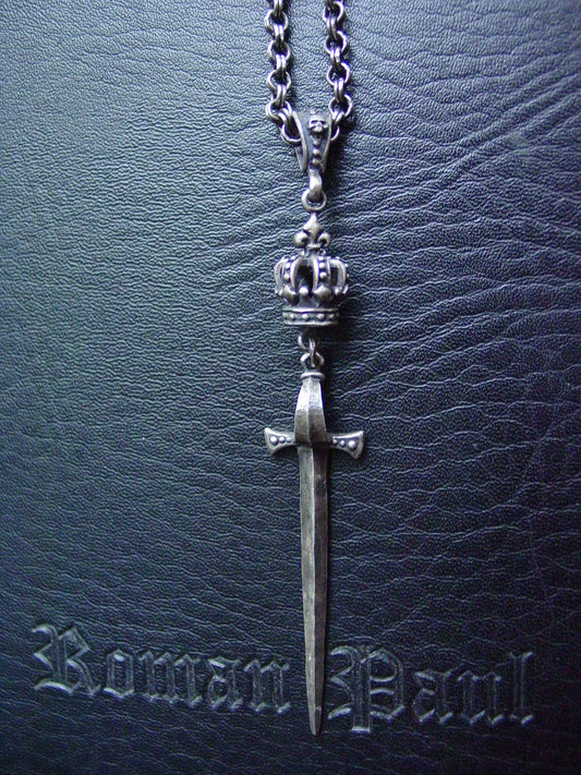 Sterling Silver Sword & Crown Necklace with Skull Bail