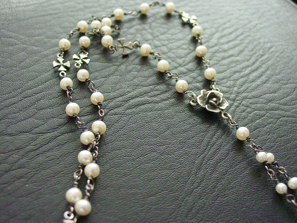 Silver Sword and Rose Sapphire Pearl Necklace