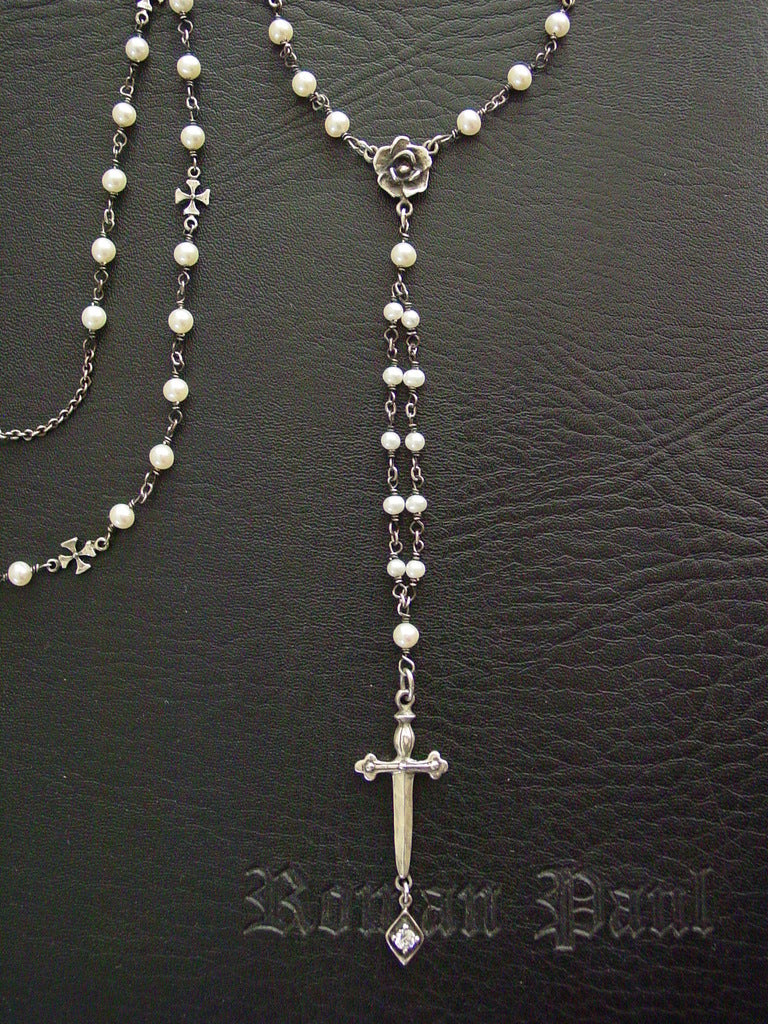 Sword and Rose White Sapphire Pearl Necklace