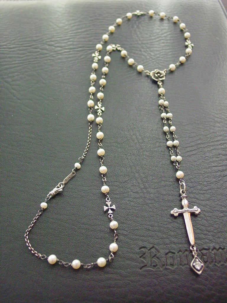Sword and Rose White Pearl Necklace by Roman Paul