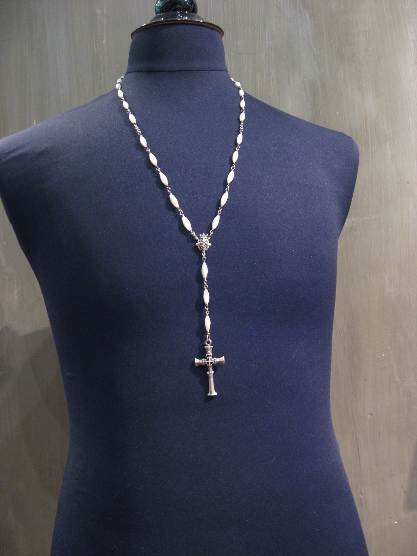 Rosary Style Cross & Fleur De Lis Necklace
