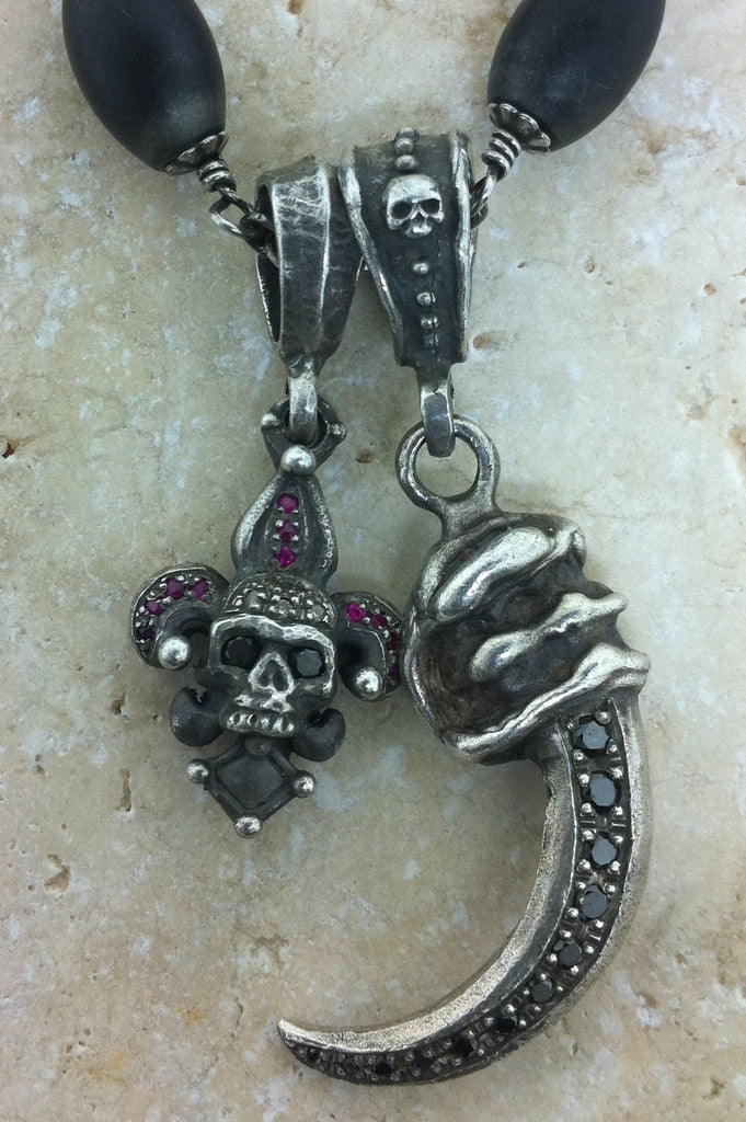 Sterling Silver Skull Jester & Cougar Claw Necklace with Oval Onyx Beads