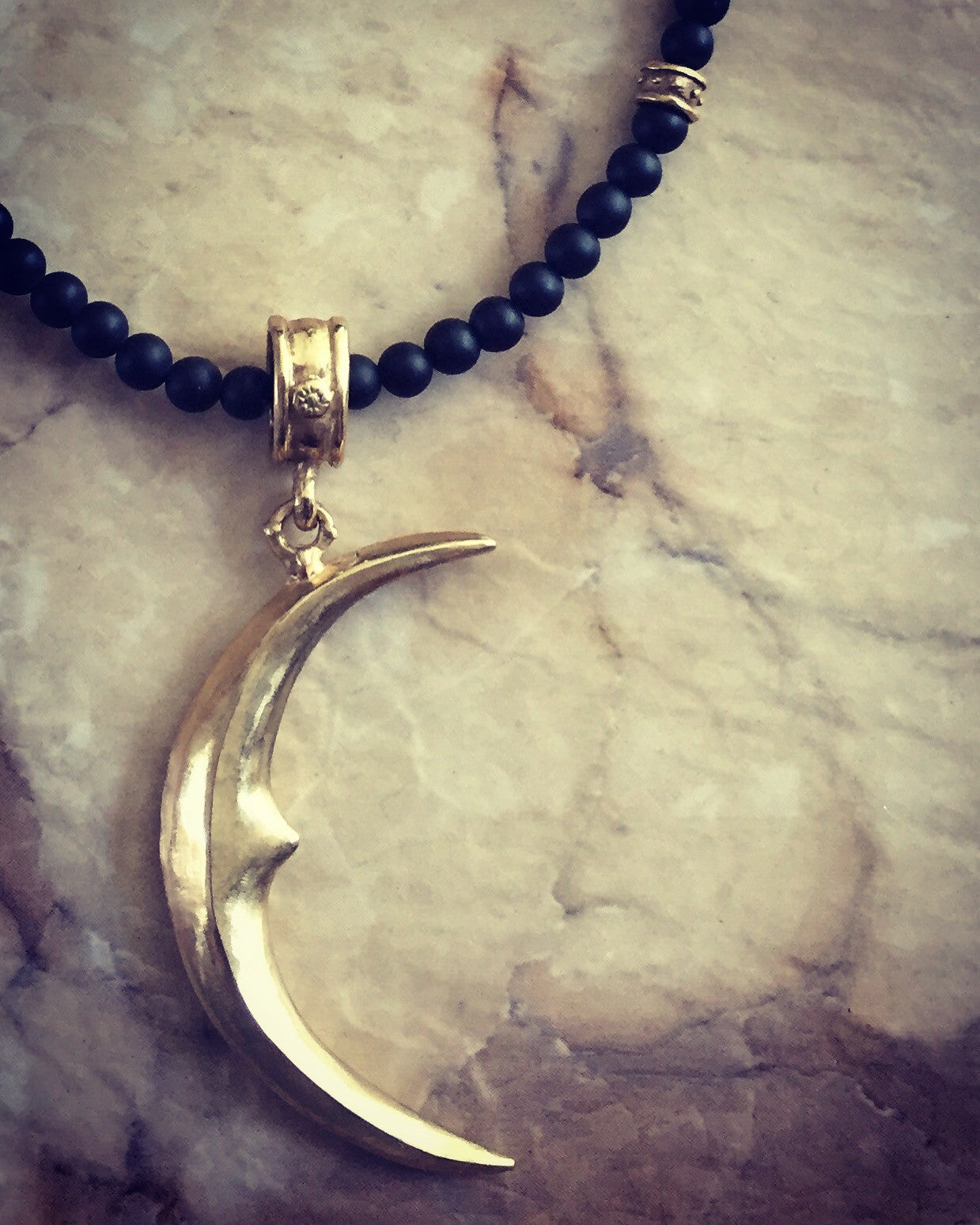 Necklace - Golden Bronze Crescent Moon & Onyx