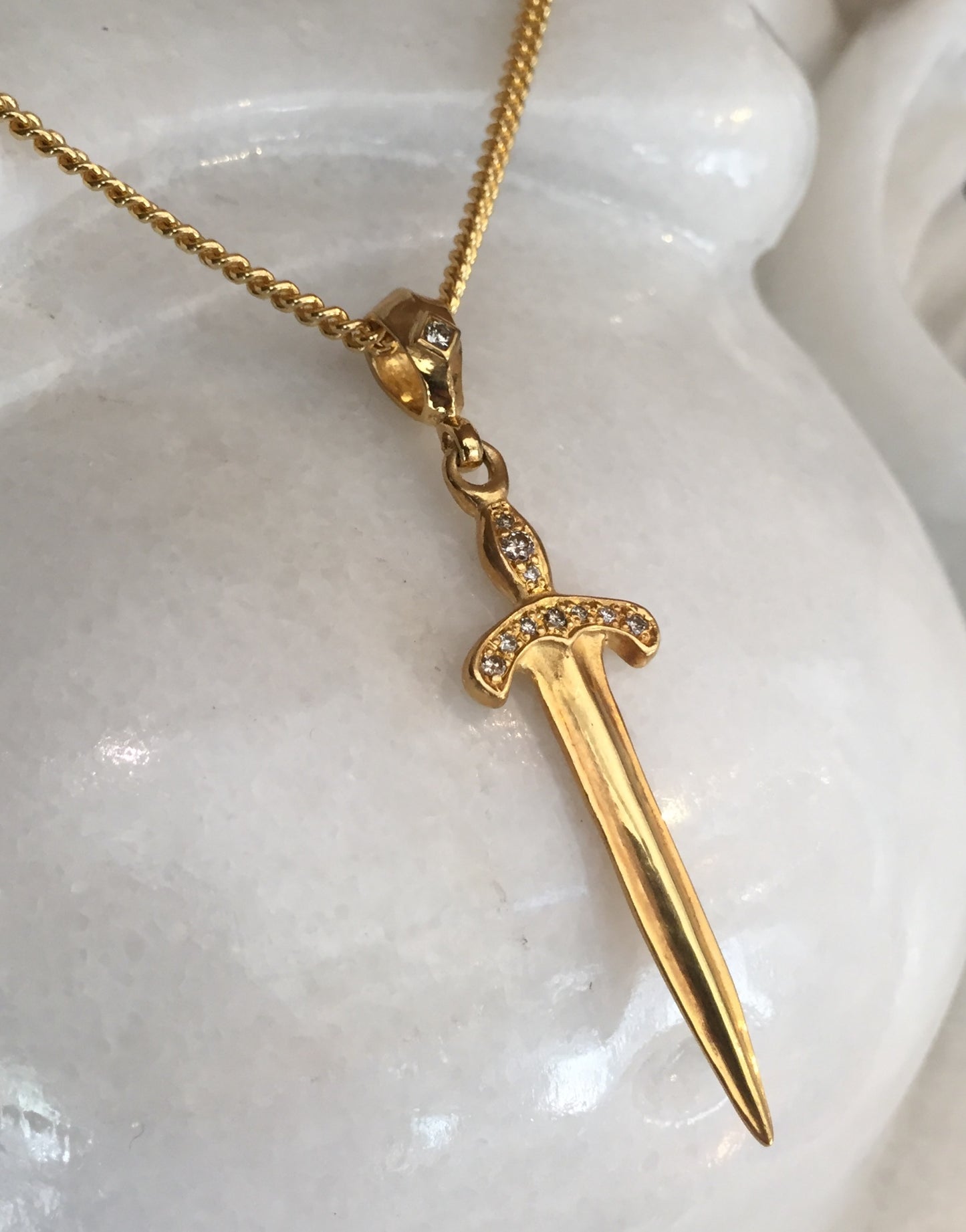 Necklace - Golden Knight's Sword With Diamonds by Roman Paul in Sterling Silver