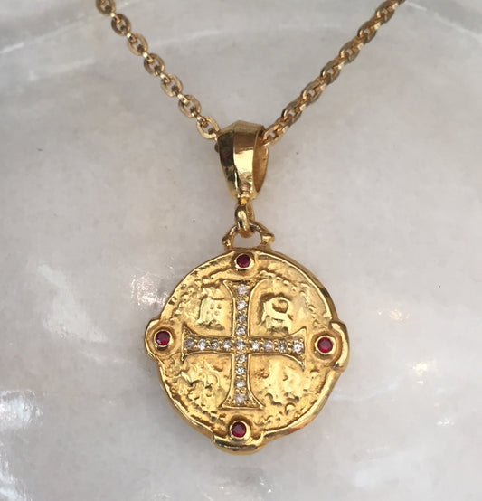 Necklace - Ancient Cross Medallion with Diamond & Rubies by Roman Paul