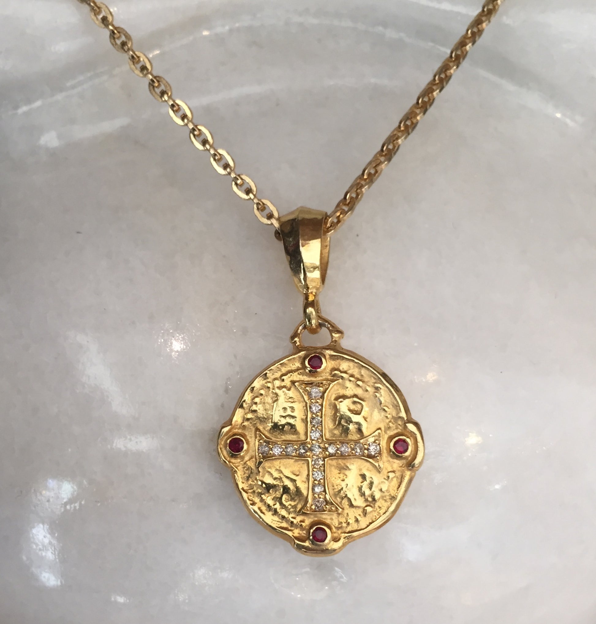 Necklace - Ancient Cross Medallion with Diamond & Rubies in silver +18k gold plated by Roman Paul