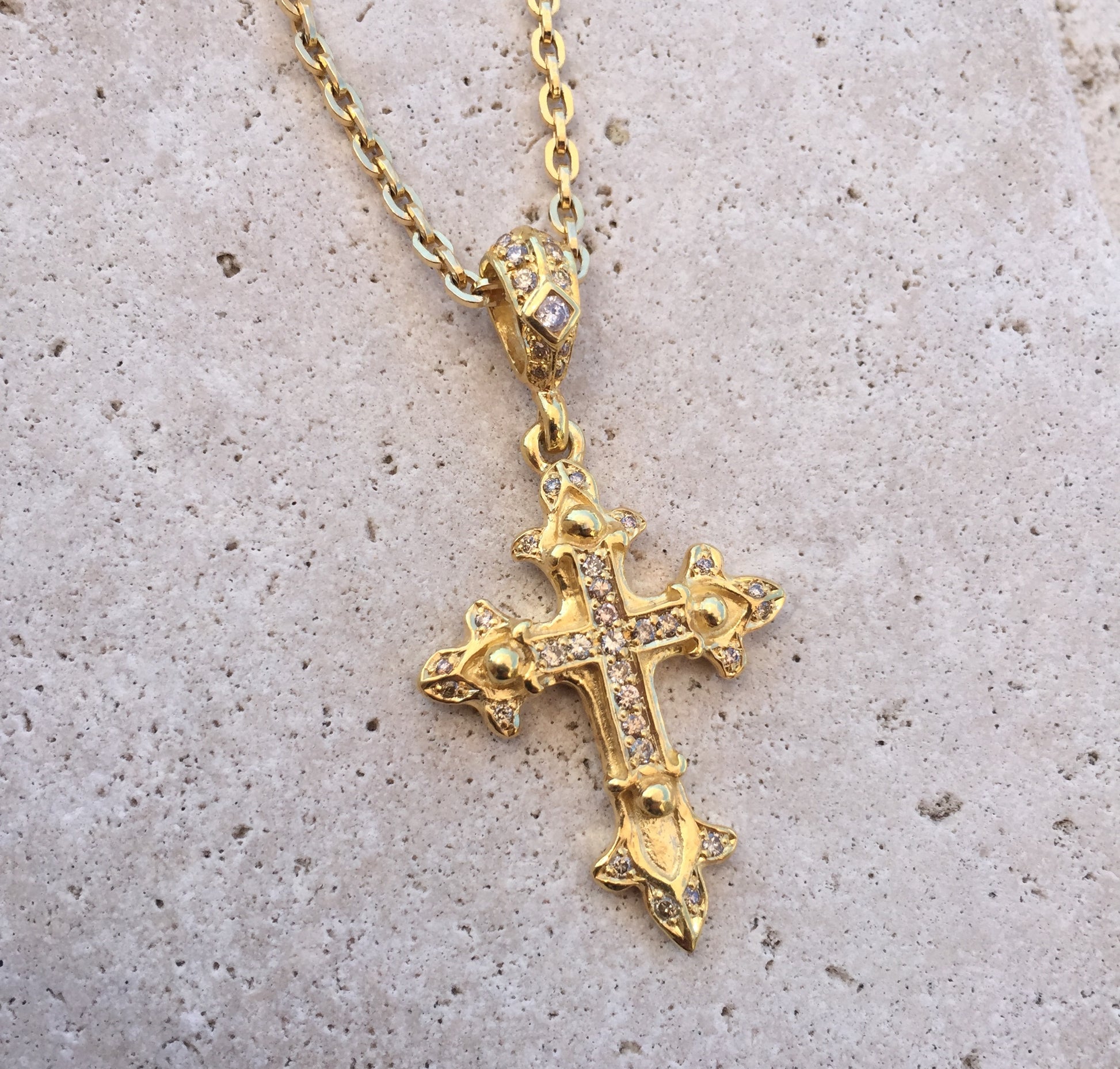 Necklace - Golden Double Cross with Diamonds in sterling silver by Roman Paul