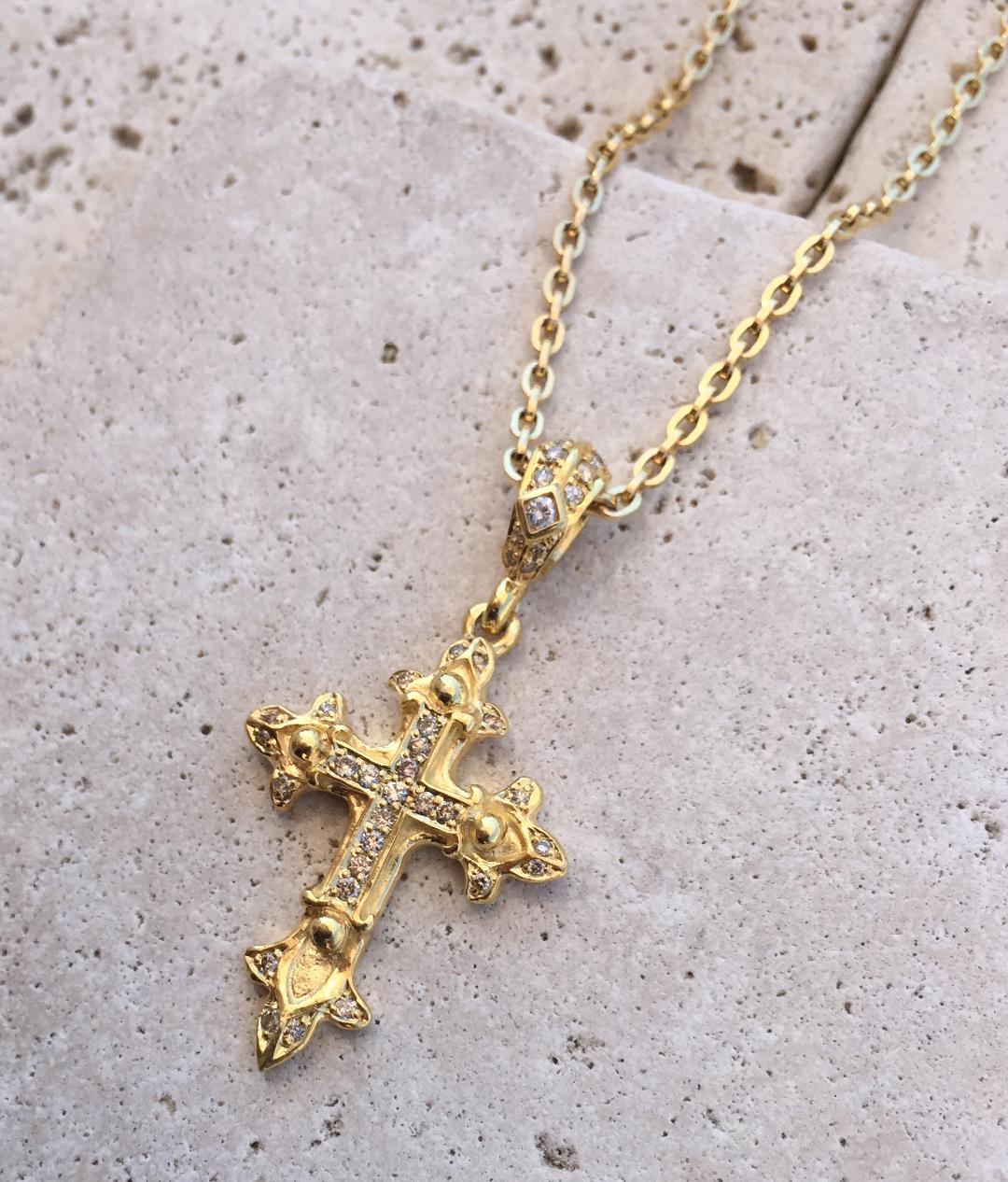 Necklace - Golden Double Cross in silver with Diamonds by Roman Paul