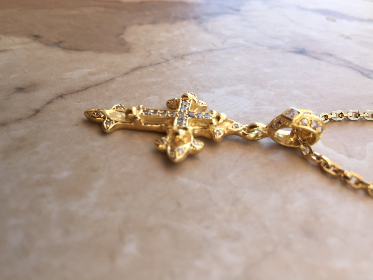 Necklace - Golden Double Cross with Diamonds