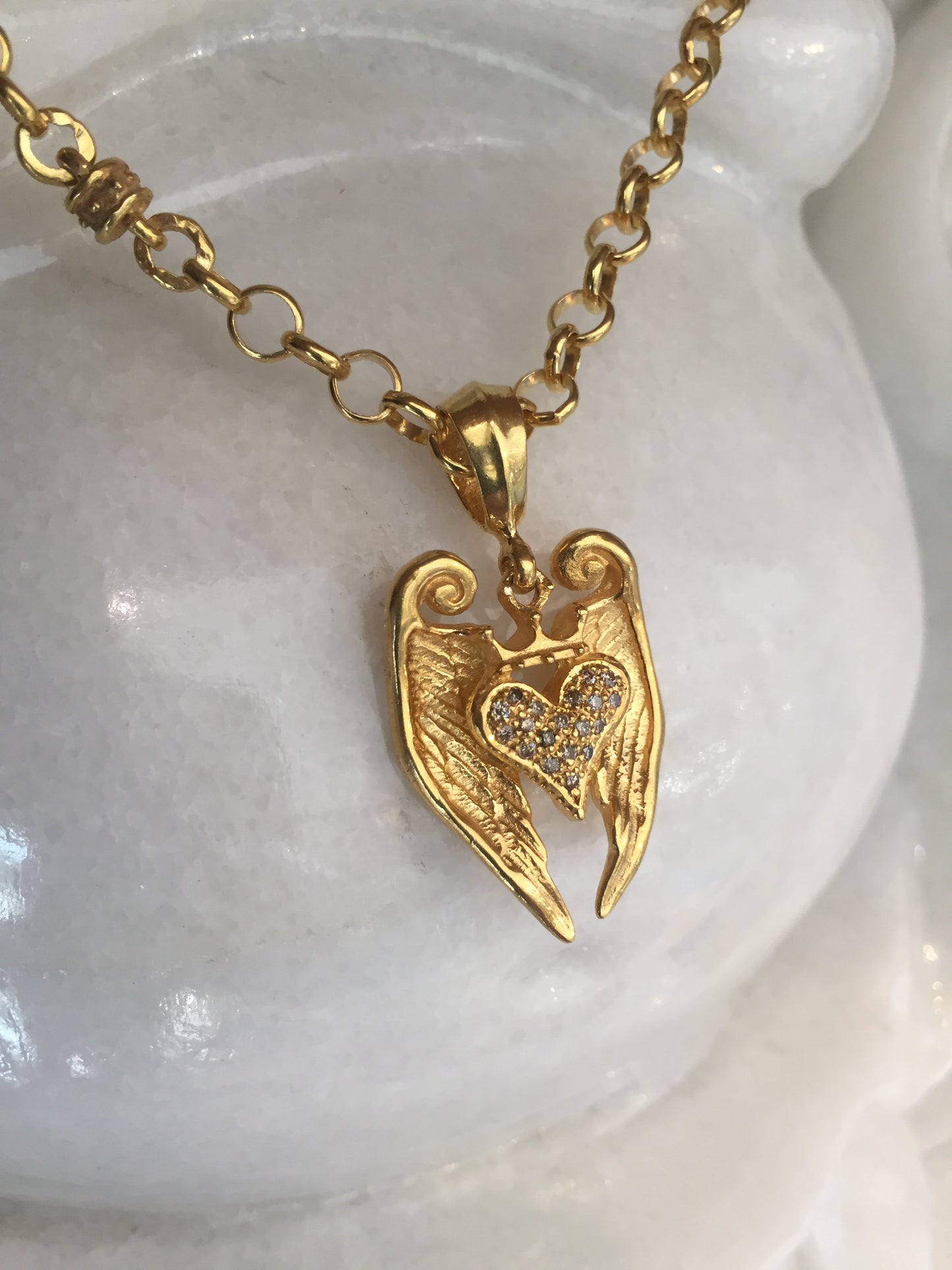 Necklace - Angel Golden Heart & Diamonds in sterling silver 18k finish by Roman Paul