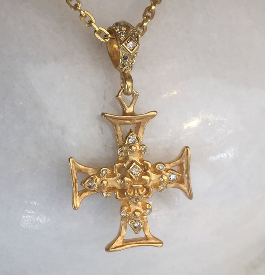 Necklace - Golden Fleur de Lis Cross with Diamonds by Roman Paul