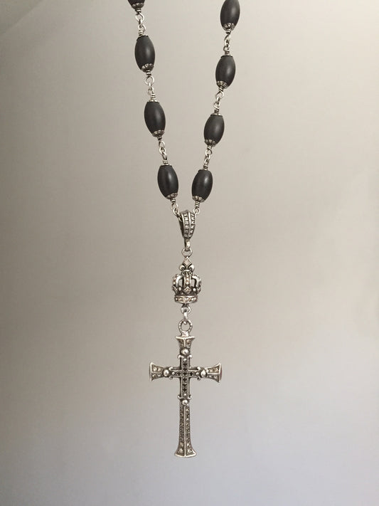 Sterling Silver Diamond Cross with Diamond Crown and Black Onyx Beads