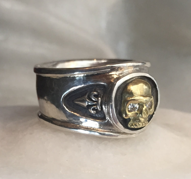 Sterling Silver Ring - Golden Skull with Diamonds Eyes by Roman Paul