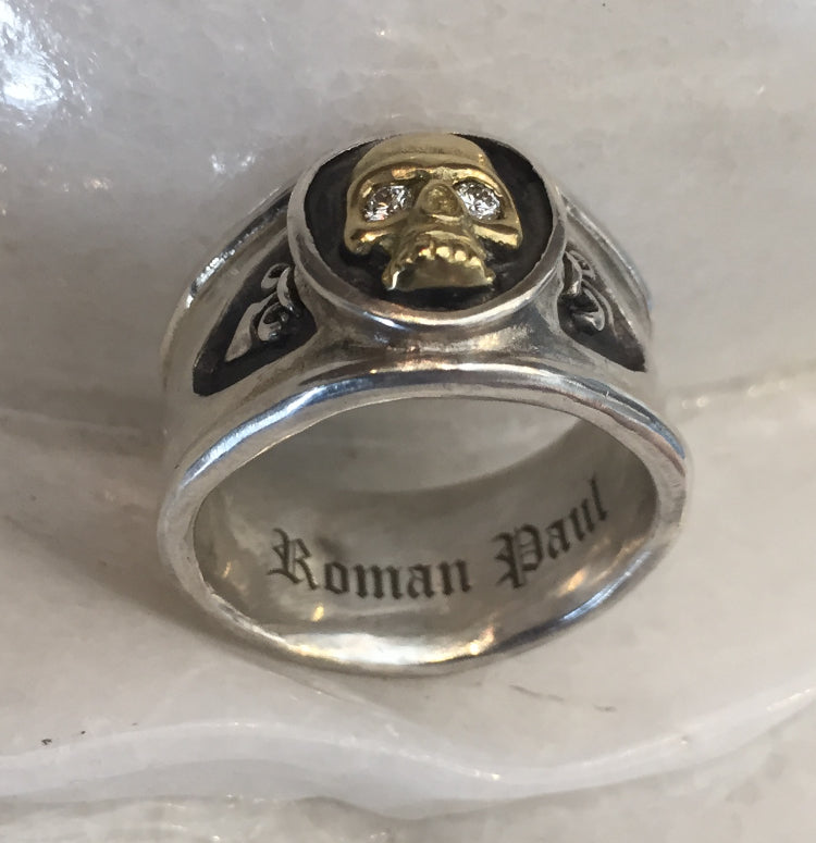 gold and Silver Ring - Golden Skull with Diamonds Eyes by Roman Paul