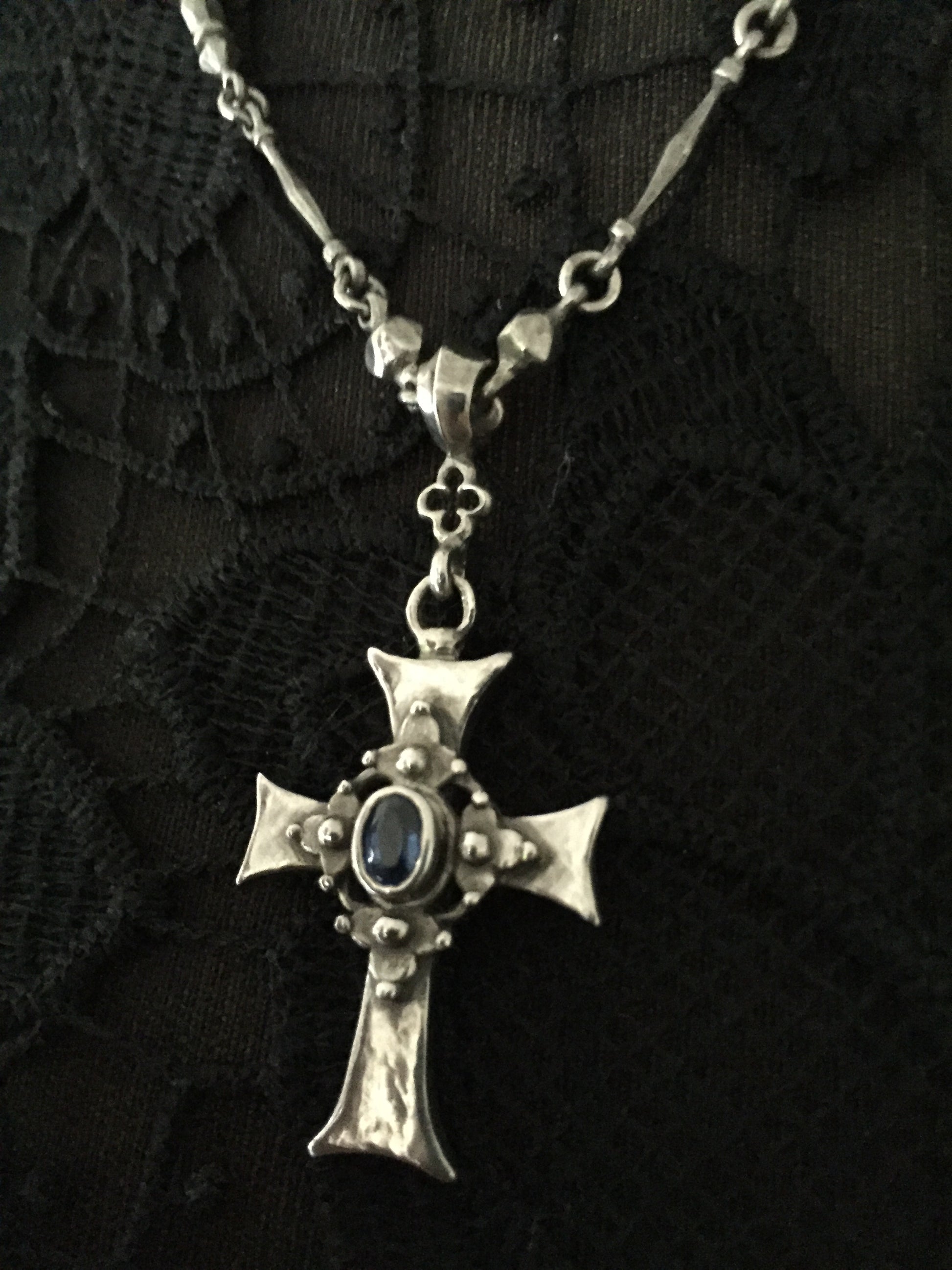 Necklace - Gothic Iolite Cross in Sterling Silver by Roman Paul