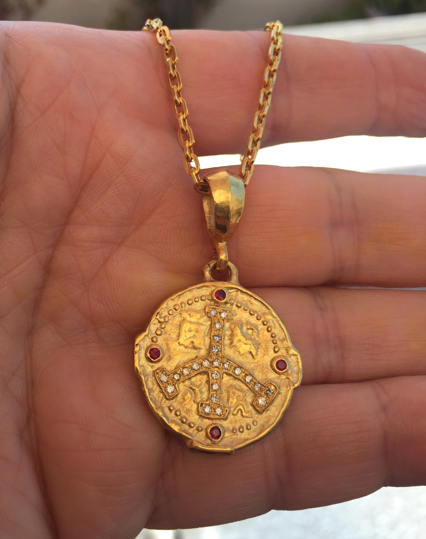 Necklace - Medallion/Ancient Golden Peace Sign with Diamonds