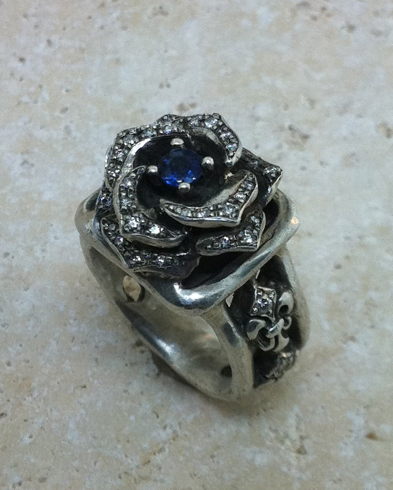 Ring - Blue Sapphire Diamond Fleur De Lis Rose