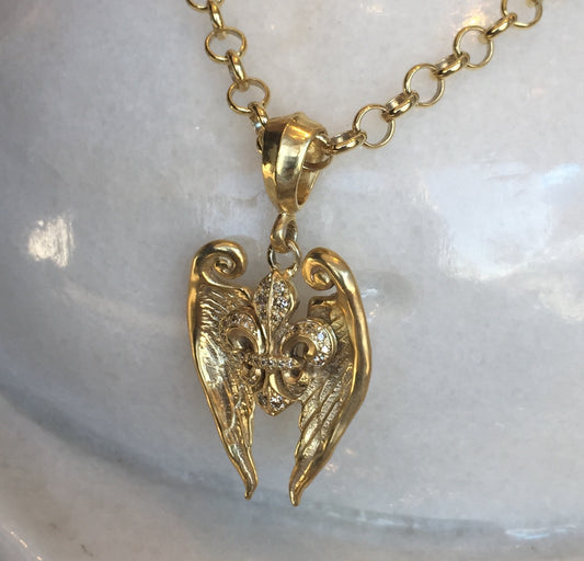 Necklace - Golden Fleur de Lis with Angel Wings by Roman Paul