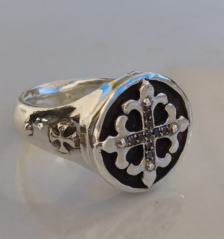Sterling Silver Fleur De Lis Cross Black Diamond Pave Ring