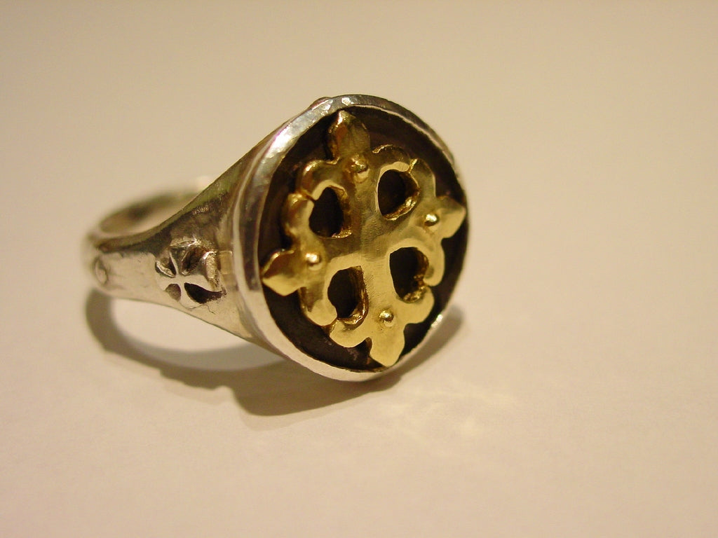 Gold 18k Fleur De Lis Cross Silver Ring 