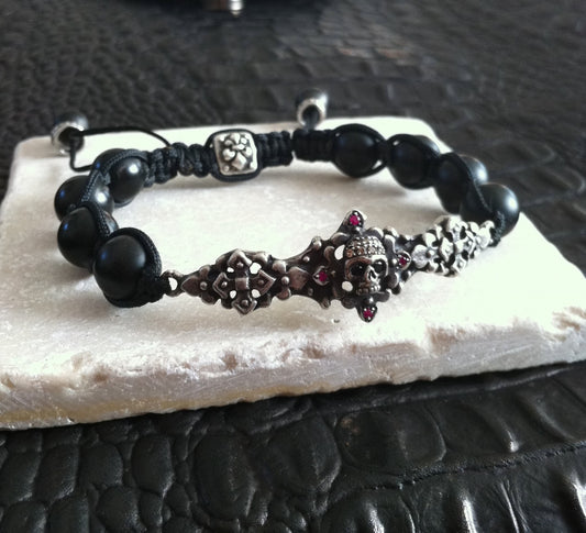 Sterling Silver Skull Bar Diamond & Ruby Pave Bracelet with Onxy beads