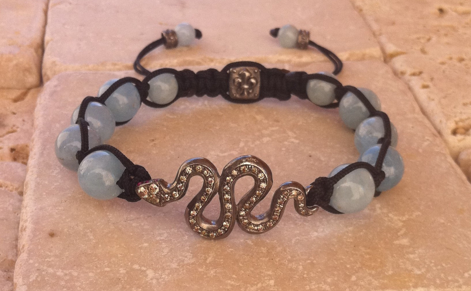 Silver Snake, Diamonds & Rubies w Aquamarine Beads