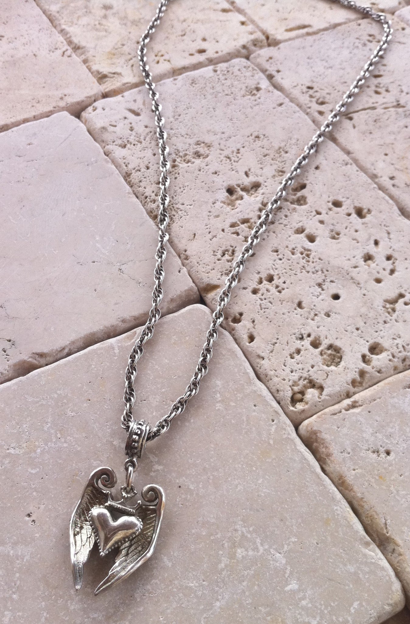 Sterling Silver Crowned Heart with Angel Wings Necklace